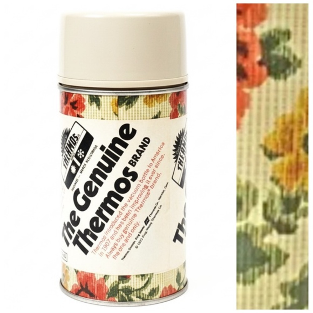 1973 Thermos Brand King-Seeley 8oz Hot/Cold Floral Metal Thermos USA RARE PRINT